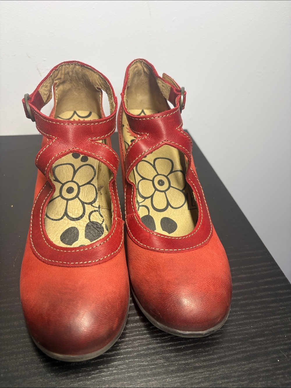 FLY London Red Mary Jane Flats with Floral Insole Accents